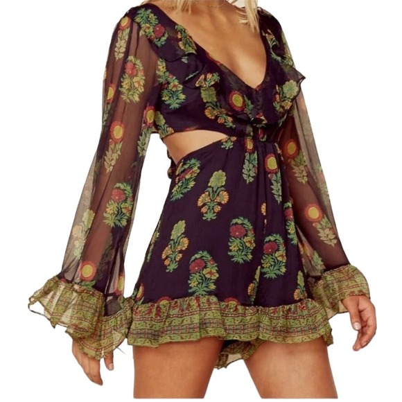 REVOLVE Pants - Nightcap Clothing Silk Floral Romper Cutout Long Sleeve Shorts Party